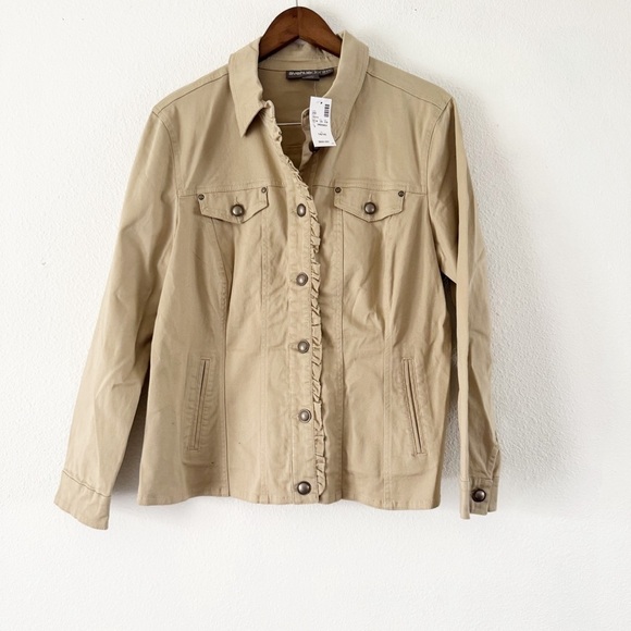 Avenue Tan Ruffle Button Front Trucker Jacket Size 14 16 Grunge Street Style - Picture 10 of 14